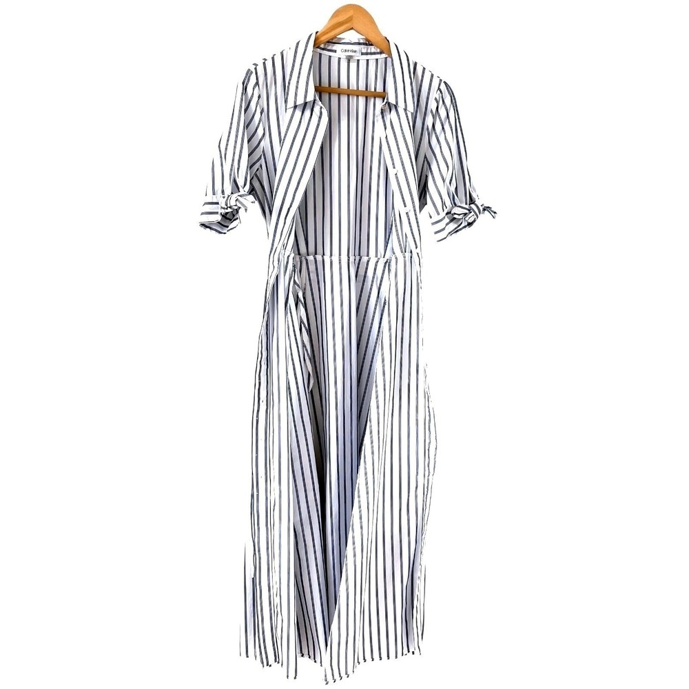 Calvin Klein Shirt Dress Women 8 Blue White Excellent Striped Midi Cotton Belted - Picture 7 of 16